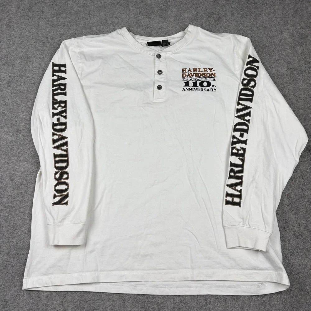 Harley Davidson Henley Shirt Mens 2XL White 110th Anniversary Long Sleeve - Picture 1 of 11